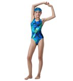 Girl's Endurance10 Hyperboom Printed Racerback V-Cut One Piece Swimsuit - Anthracite, Deep Saffire & Black