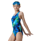 Girl's Endurance10 Hyperboom Printed Racerback V-Cut One Piece Swimsuit - Anthracite, Deep Saffire & Black