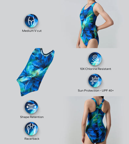 Girl's Endurance10 Hyperboom Printed Racerback V-Cut One Piece Swimsuit - Anthracite, Deep Saffire & Black