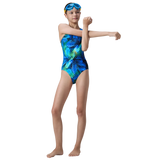 Girl's Endurance10 Hyperboom Printed Racerback V-Cut One Piece Swimsuit - Anthracite, Deep Saffire & Black
