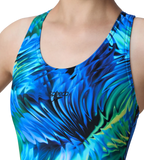 Girl's Endurance10 Hyperboom Printed Racerback V-Cut One Piece Swimsuit - Anthracite, Deep Saffire & Black