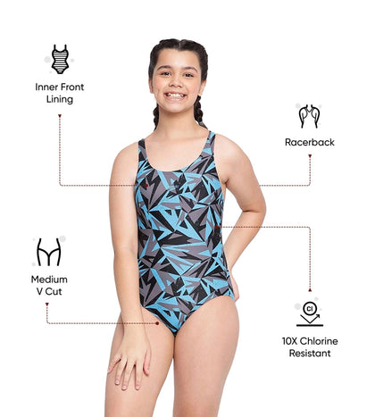 Girl's Endurance 10 Hyperboom Print Racerback One Piece V-Cut Swimsuit - Black & Bolt