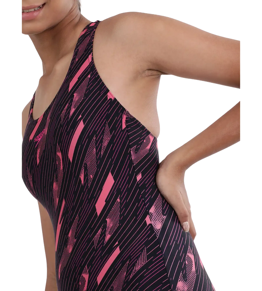 Girl's Endurance 10 Hyperboom Print Racerback One Piece V-Cut Swimsuit - True Navy & Electric Pink