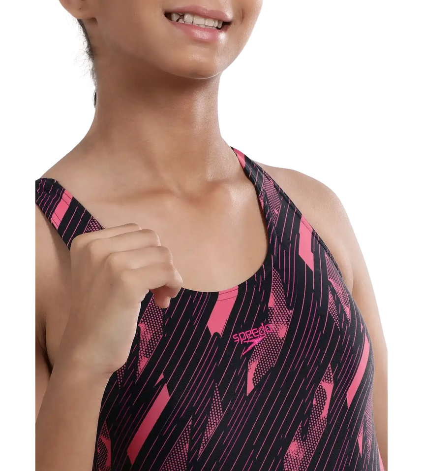 Girl's Endurance 10 Hyperboom Print Racerback One Piece V-Cut Swimsuit - True Navy & Electric Pink