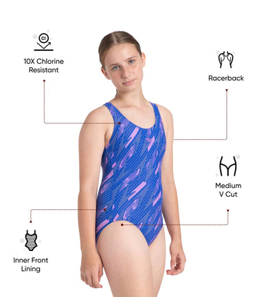 Girl's Endurance 10 Hyperboom Print Racerback One Piece V-Cut Swimsuit - Sweet Purple & True Cobalt