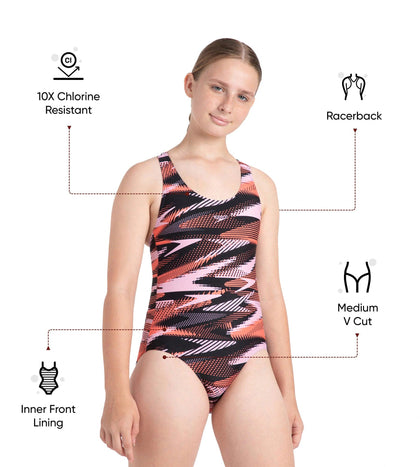 Girl's Endurance10 Hyperboom Print Racerback V-Cut One Piece Swimsuit - Black, Coral Sands & Peony Pink