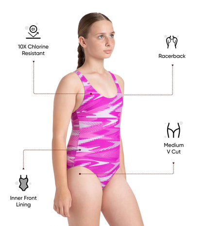 Girl's Endurance10 Hyperboom Print Racerback V-Cut One Piece Swimsuit - Diva, Neon Violet & Lilac Breeze