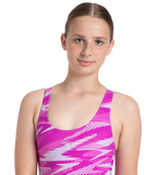Girl's Endurance10 Hyperboom Print Racerback V-Cut One Piece Swimsuit - Diva, Neon Violet & Lilac Breeze
