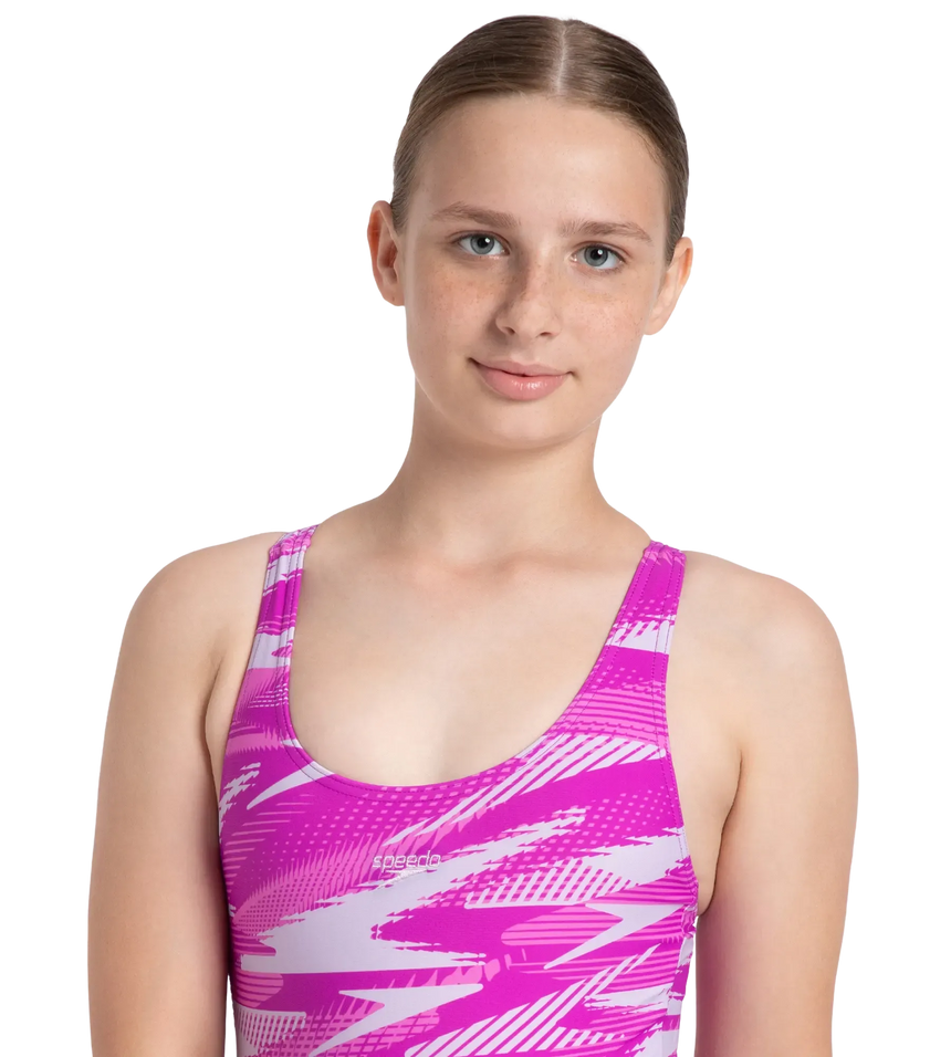 Girl's Endurance10 Hyperboom Print Racerback V-Cut One Piece Swimsuit - Diva, Neon Violet & Lilac Breeze