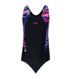 Girl's Endurance10 Hyperboom Print Splice Racerback V-Cut One Piece Swimsuit - Black & Margarita Pink