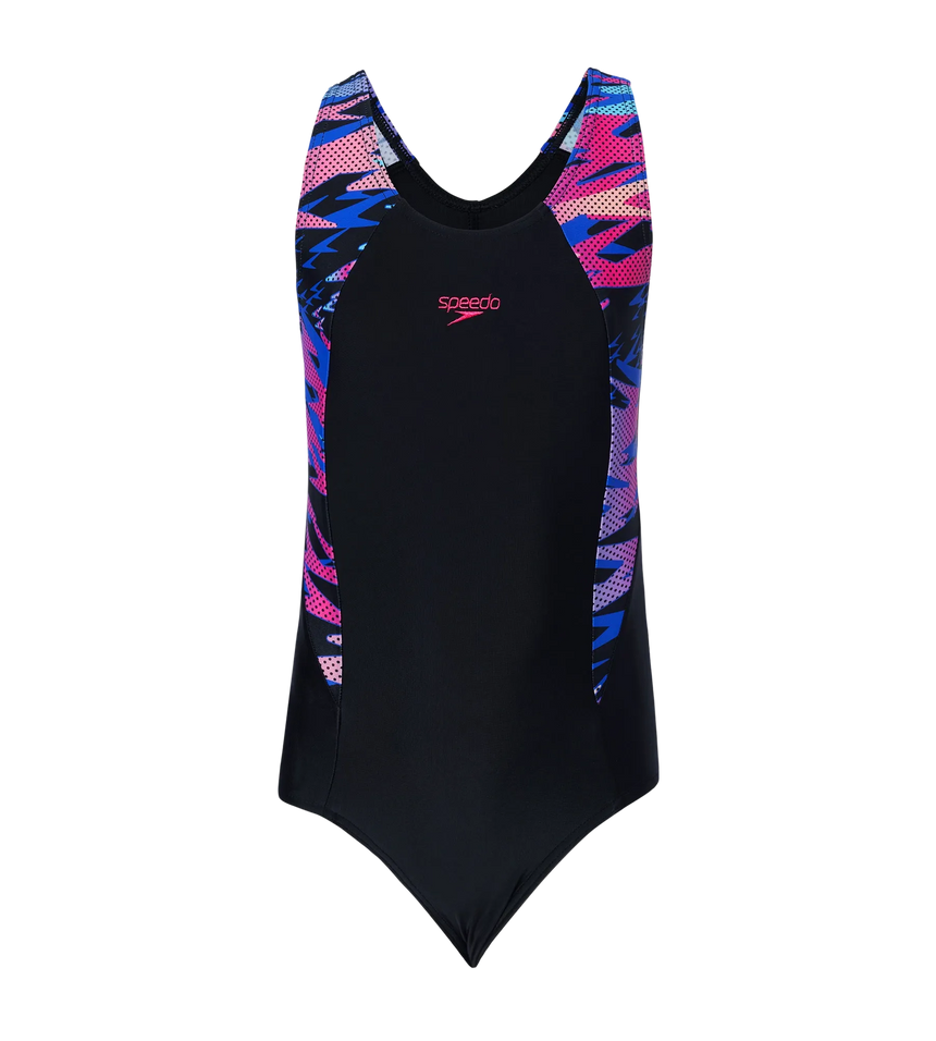 Girl's Endurance10 Hyperboom Print Splice Racerback V-Cut One Piece Swimsuit - Black & Margarita Pink