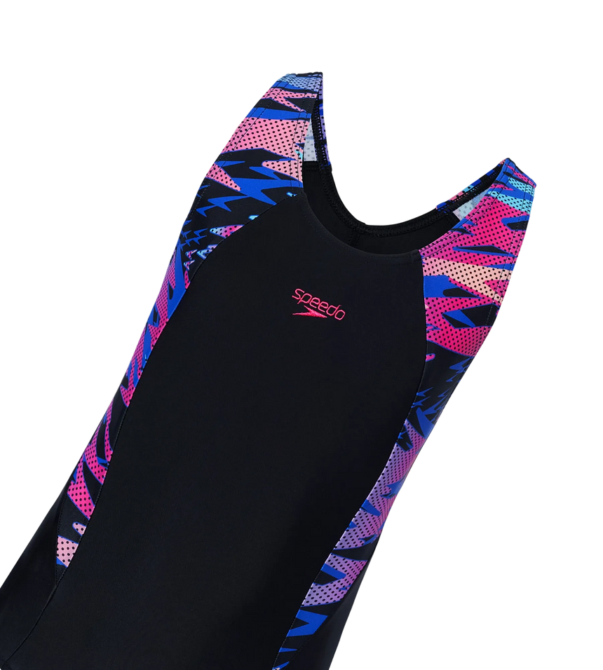 Girl's Endurance10 Hyperboom Print Splice Racerback V-Cut One Piece Swimsuit - Black & Margarita Pink