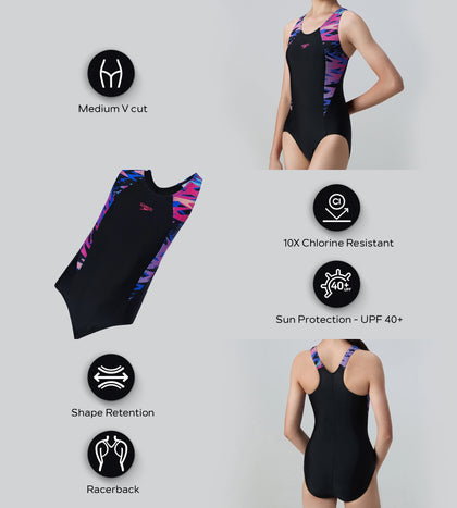 Girl's Endurance10 Hyperboom Print Splice Racerback V-Cut One Piece Swimsuit - Black & Margarita Pink