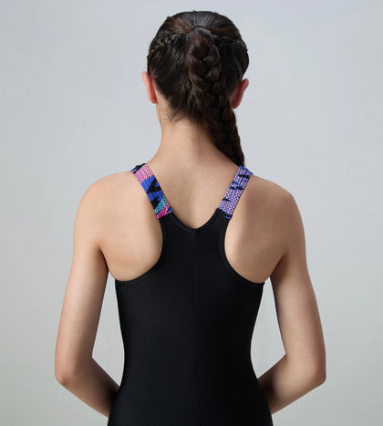 Girl's Endurance10 Hyperboom Print Splice Racerback V-Cut One Piece Swimsuit - Black & Margarita Pink