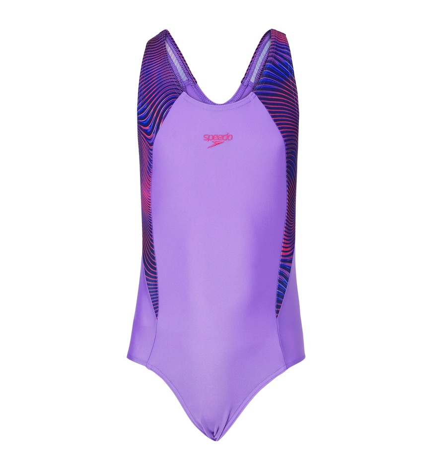 Girl's Endurabrite Splice Print Racerback V-Cut One Piece Swimsuit - Purple Mist & Margarita Pink