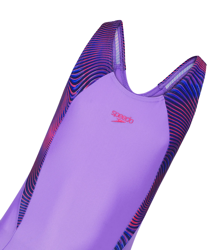 Girl's Endurabrite Splice Print Racerback V-Cut One Piece Swimsuit - Purple Mist & Margarita Pink