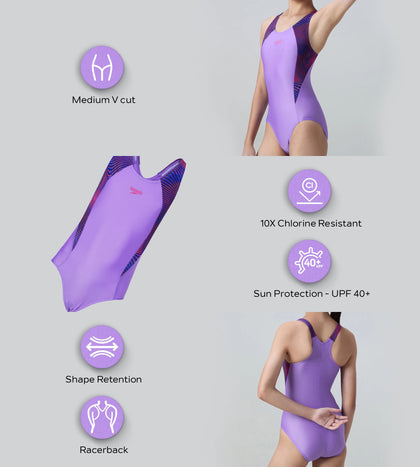 Girl's Endurabrite Splice Print Racerback V-Cut One Piece Swimsuit - Purple Mist & Margarita Pink