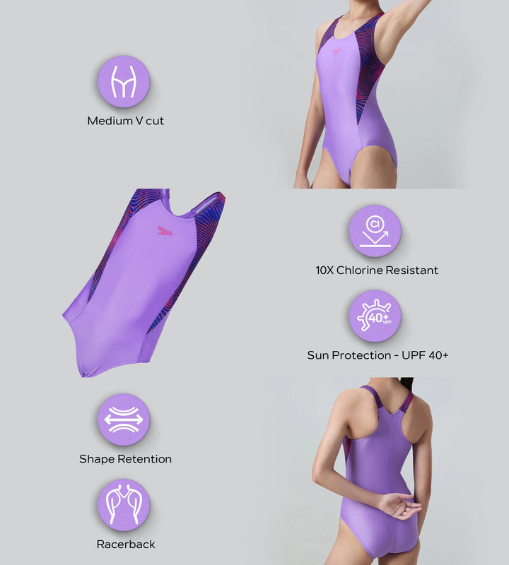 Girl's Endurabrite Splice Print Racerback V-Cut One Piece Swimsuit - Purple Mist & Margarita Pink