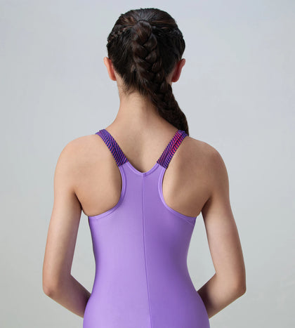 Girl's Endurabrite Splice Print Racerback V-Cut One Piece Swimsuit - Purple Mist & Margarita Pink