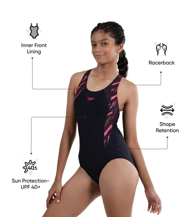 Girl's Endurance 10 Hyperboom Splice Racerback One Piece V-Cut Swimsuit - True Navy & Electric Pink