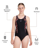 Girl's Endurance10 Hyperboom Print Splice Racerback V-Cut One Piece Swimsuit - Black, Coral Sands & Peony Pink