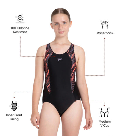 Girl's Endurance10 Hyperboom Print Splice Racerback V-Cut One Piece Swimsuit - Black, Coral Sands & Peony Pink