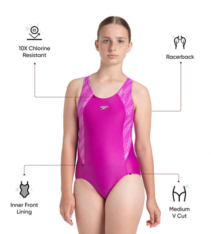 Girl's Endura Brite Hyperboom Print Splice Racerback V-Cut One Piece Swimsuit - Diva, Neon Violet & Lilac Breeze