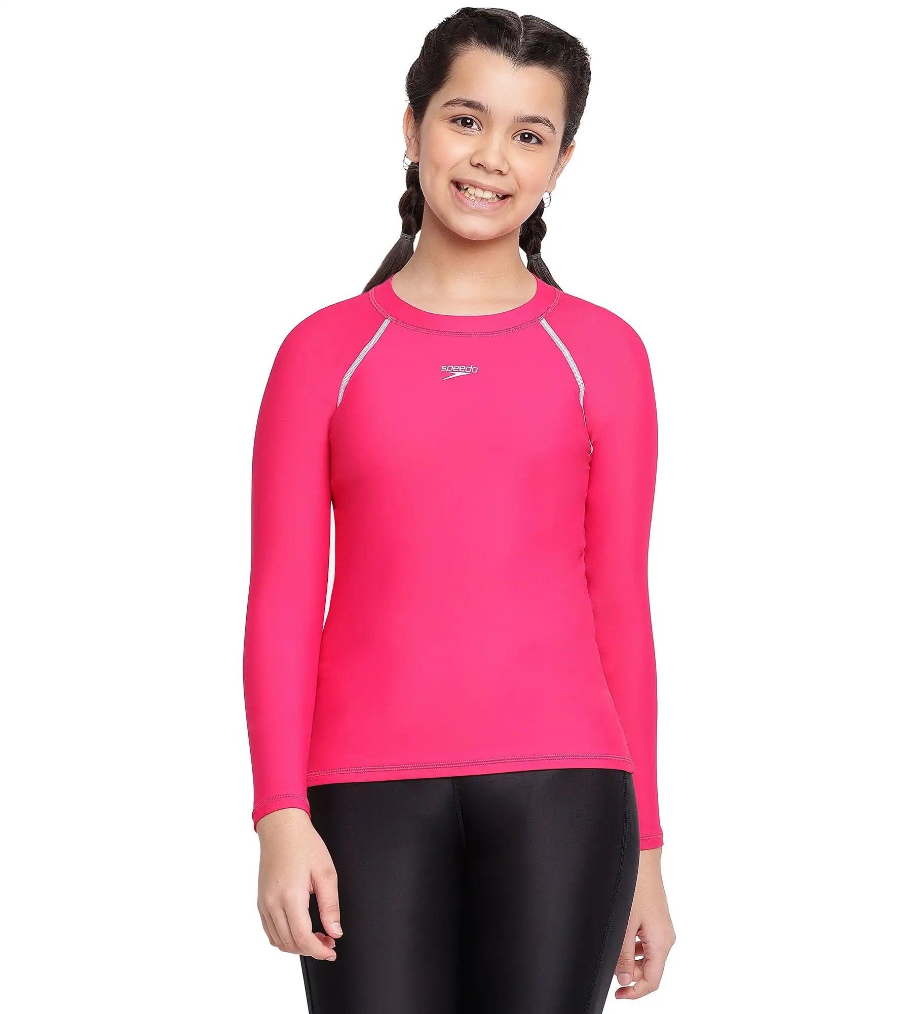 Girl's Endurance Solid Long Sleeve Suntop - Cherry & White_1