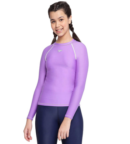 Girl's Solid Long Sleeve Suntop - Miami Lilac  &  White_5