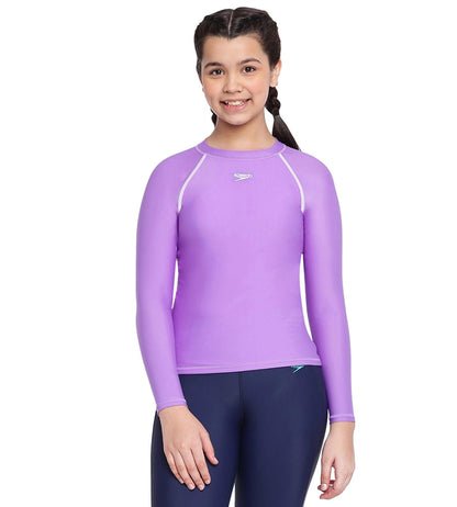 Girl's Solid Long Sleeve Suntop - Miami Lilac  &  White_1