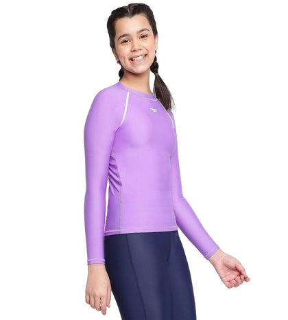 Girl's Solid Long Sleeve Suntop - Miami Lilac  &  White_3