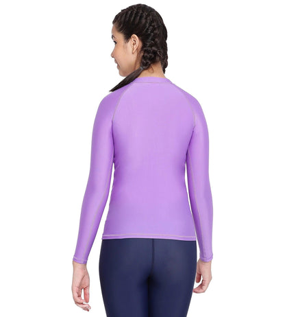 Girl's Solid Long Sleeve Suntop - Miami Lilac  &  White_4