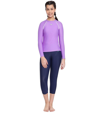 Girl's Solid Long Sleeve Suntop - Miami Lilac  &  White_8