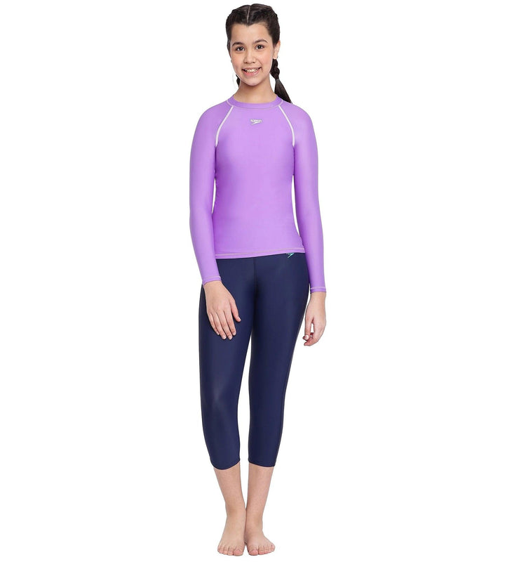 Girl's Solid Long Sleeve Suntop - Miami Lilac  &  White_8