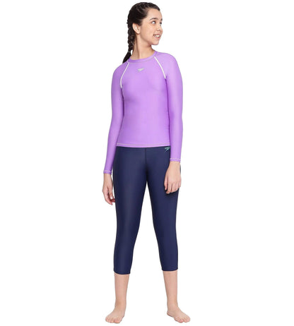 Girl's Solid Long Sleeve Suntop - Miami Lilac  &  White_6