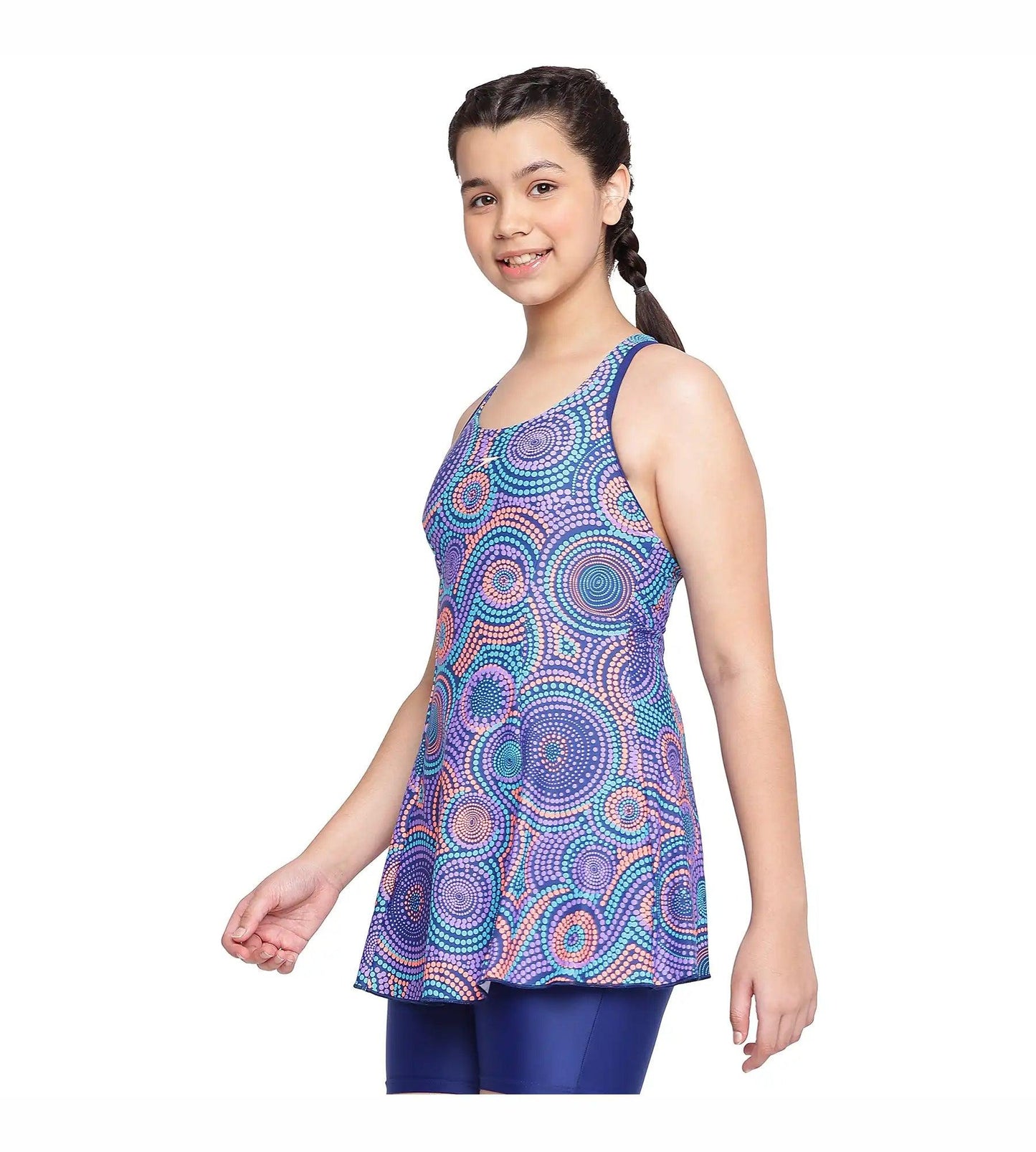 Girl's Endurance Printed Swimdress With Boyleg - Ammonite & Soft Coral_2