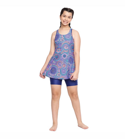 Girl's Endurance Printed Swimdress With Boyleg - Ammonite & Soft Coral