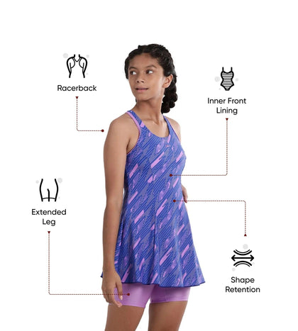 Girl's Endurance 10 Printed Racerback Swimdress With Boyleg - Sweet Purple & True Cobalt