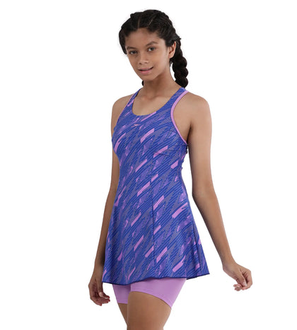 Girl's Endurance Printed Racerback Swimdress With Boyleg - Sweet Purple & True Cobalt_2