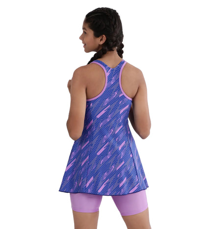 Girl's Endurance Printed Racerback Swimdress With Boyleg - Sweet Purple & True Cobalt_4