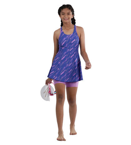 Girl's Endurance Printed Racerback Swimdress With Boyleg - Sweet Purple & True Cobalt_5