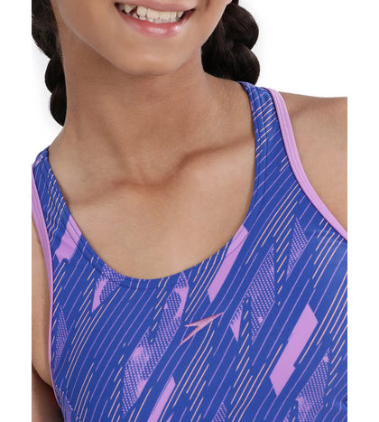 Girl's Endurance Printed Racerback Swimdress With Boyleg - Sweet Purple & True Cobalt_7