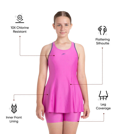 Girl's Endura Brite Racerback Swimdress With Boyleg - Neon Violet & Hapuna Blue