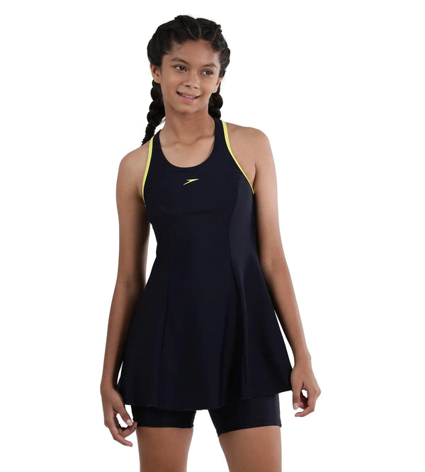 Girl's Endurance Racerback Swimdress With Boyleg - True Navy & Lemondrizzle_1