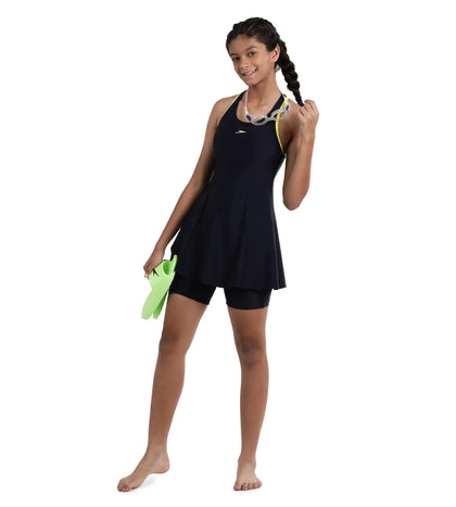 Girl's Endurance Racerback Swimdress With Boyleg - True Navy & Lemondrizzle