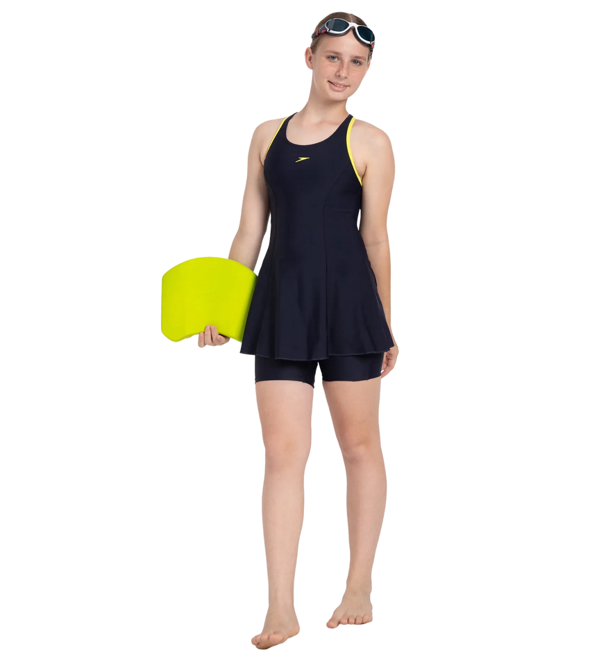 Girl's Endurance 10 Racerback Swimdress With Boyleg - True Navy & Lemon Drizzle