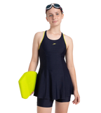 Girl's Endurance 10 Racerback Swimdress With Boyleg - True Navy & Lemon Drizzle