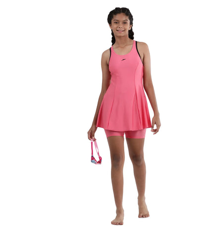 Girl's Racerback Swimdress With Boyleg - Fandango Pink & Black_5