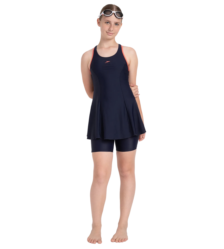 Girl's Endurance10 Racerback Swimdress With Boyleg - True Navy & Coral Sands