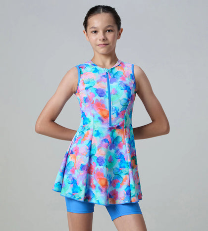 Girl's Endurance10 Printed Closedback Swimdress With Boyleg - Angelic Blue & Periwinkle Blue